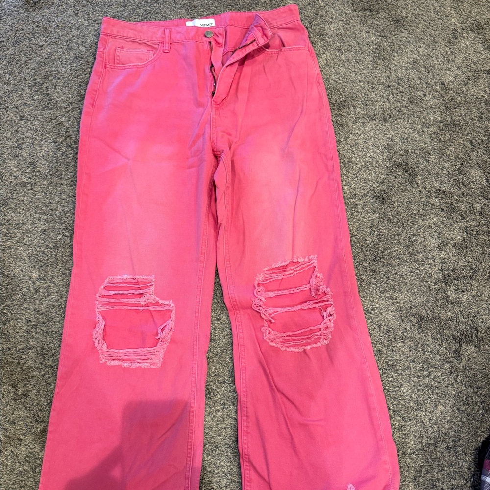 Vibrant Pink High Rise Distressed Jeans